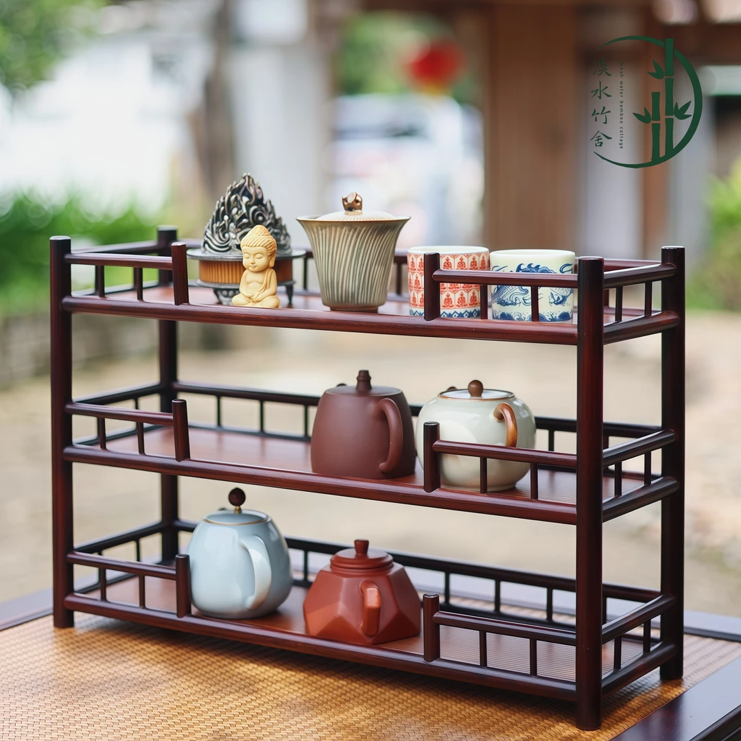 「凭栏」精品竹制防尘陶瓷家用壶架杯架展示架茶道置物架中式轻奢