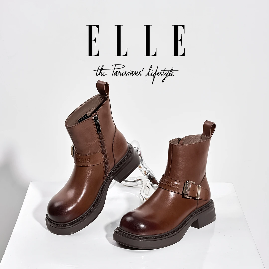 ELLE设计师新款厚底马丁靴女甜酷机车真皮短靴棕色短筒显瘦骑士靴