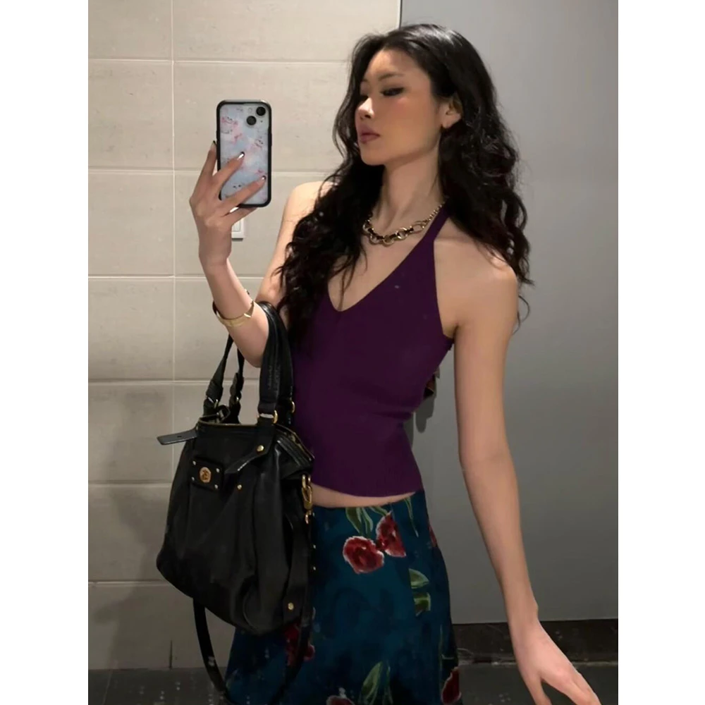 气质百搭紫色挂脖背心女春夏新款海边辣妹纯欲ins风短款吊带上衣