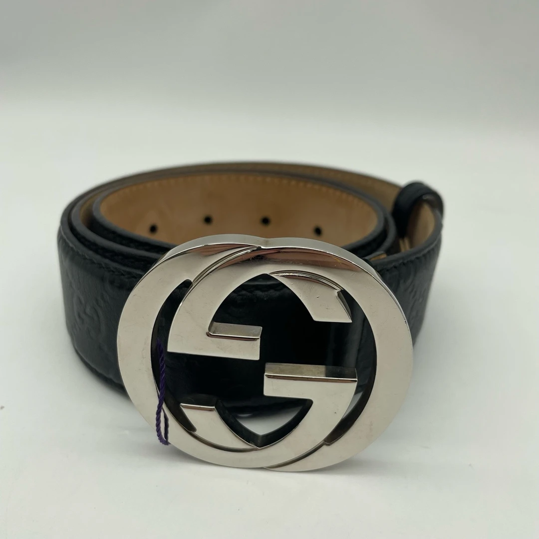 95新 GUCCI/古驰 85码银头黑色压花皮带13320452