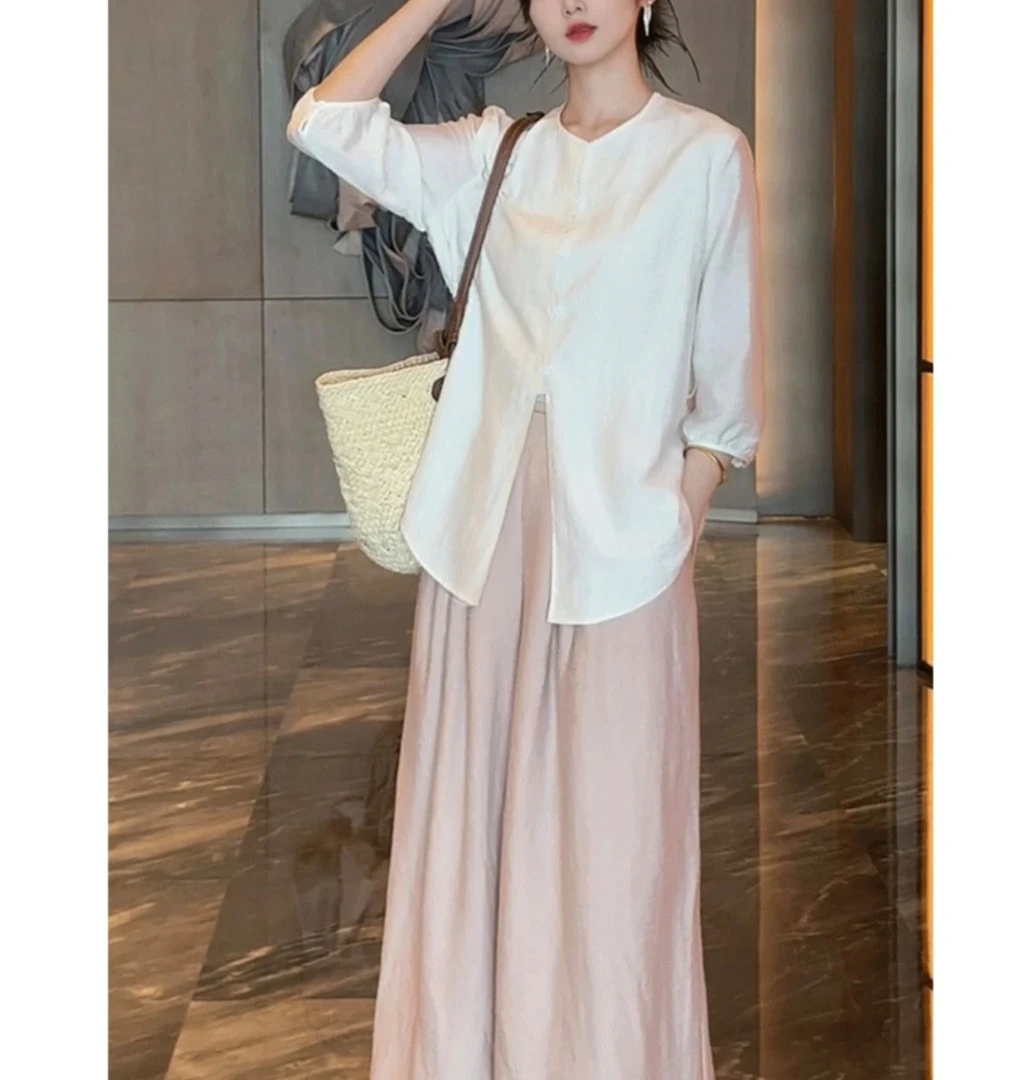 2025夏季新款高级感时尚气质白色圆领衬衫粉色宽松阔腿裤二件套