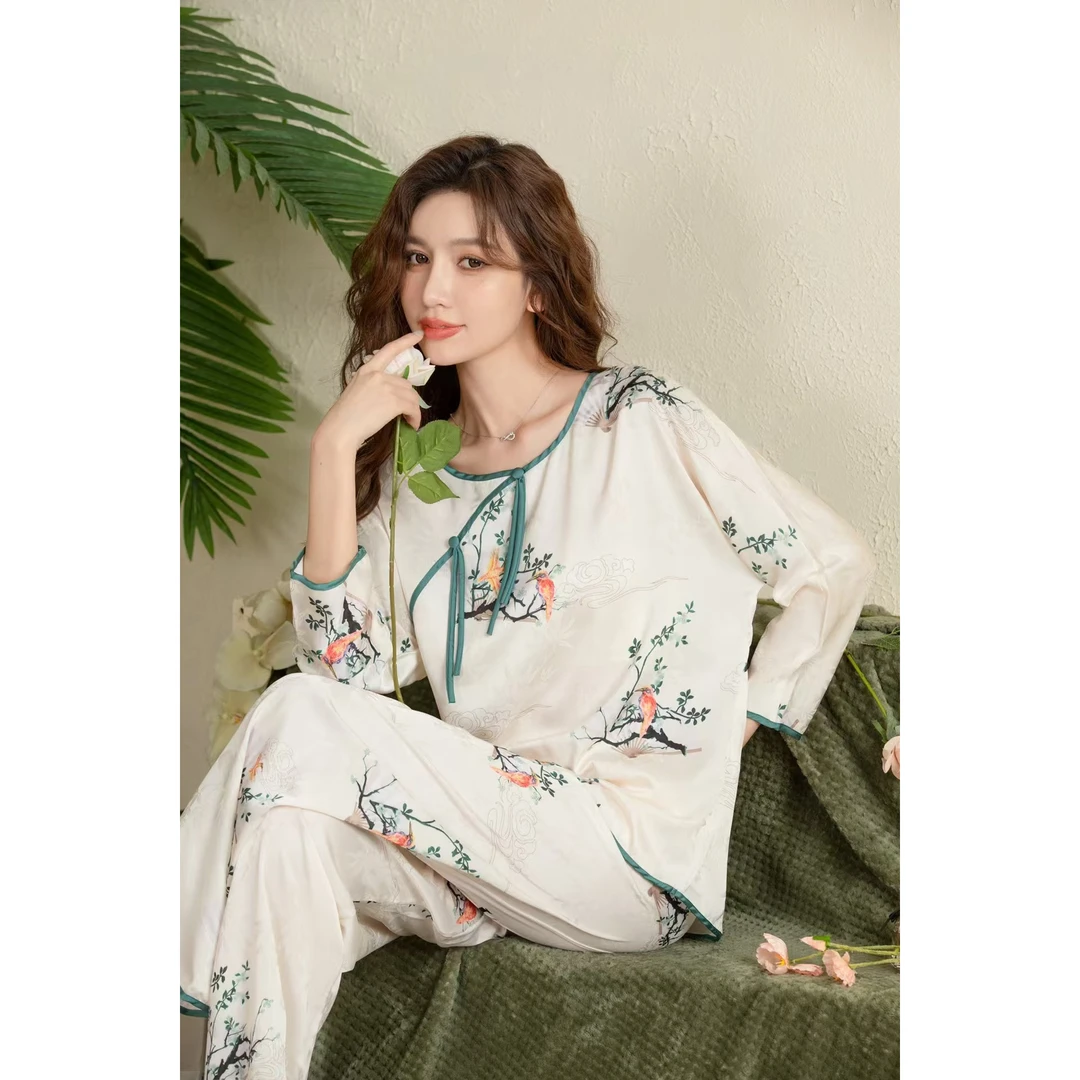 『菲菲专属』  鹊在枝头 Y89睡衣家居服套装大码春秋丝绸睡衣