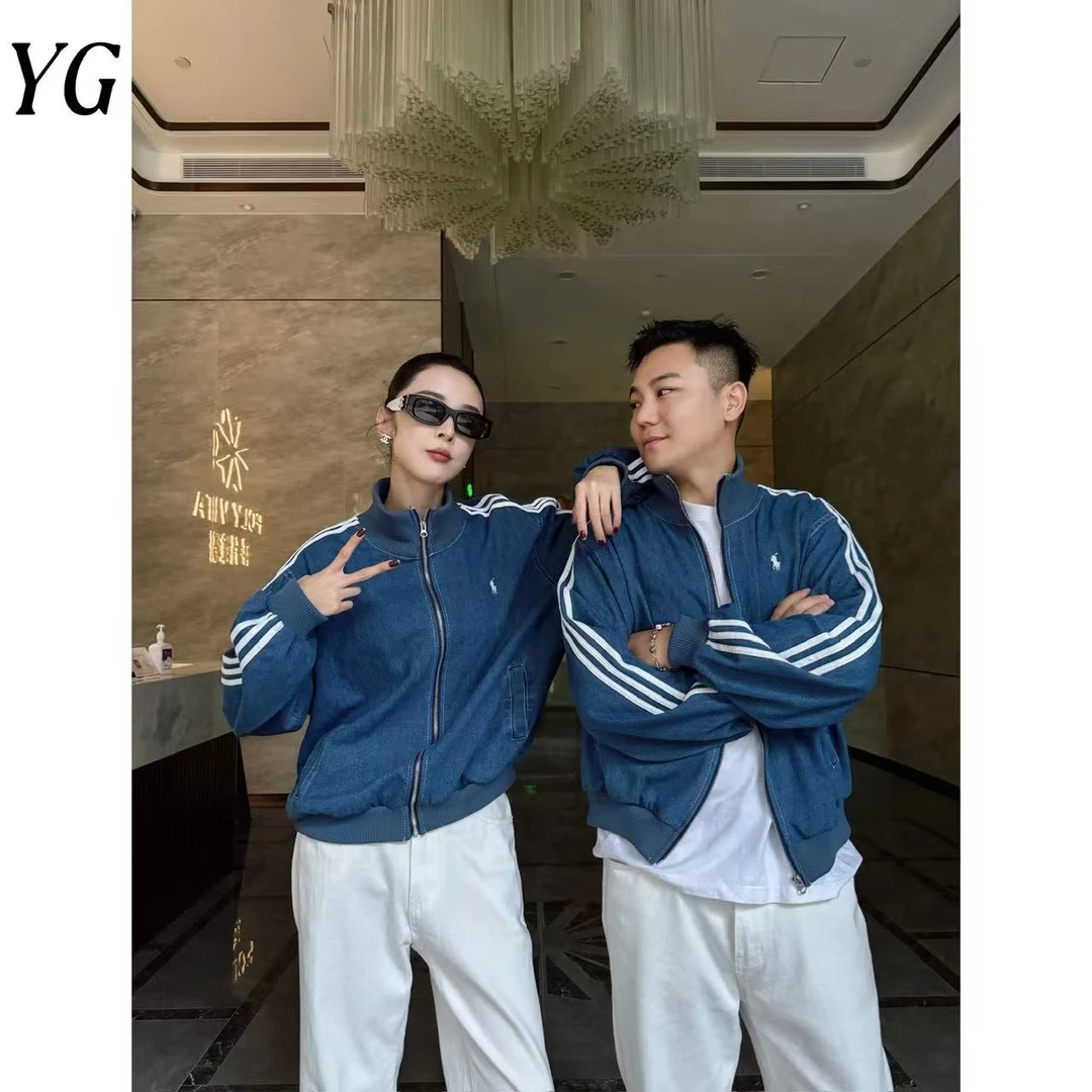 【YG-】美式立领蓝色牛仔棒球服外套早秋拉链款三条杆上衣