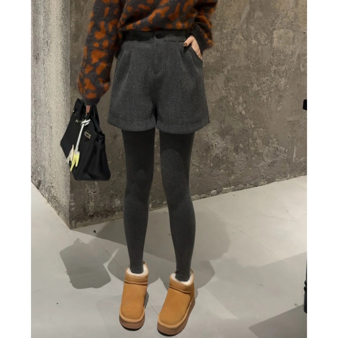 MY【毛呢短裤】冬季新款松紧腰气质高腰显瘦阔腿口袋处打褶毛呢短裤