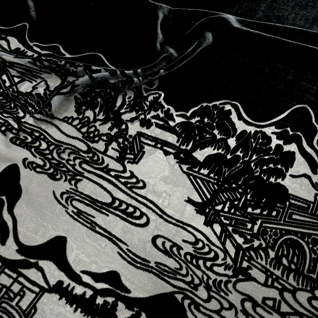 真丝丝绒乔绒桑蚕丝烧花烂花春夏国风山水中式连衣裙旗袍上衣面料