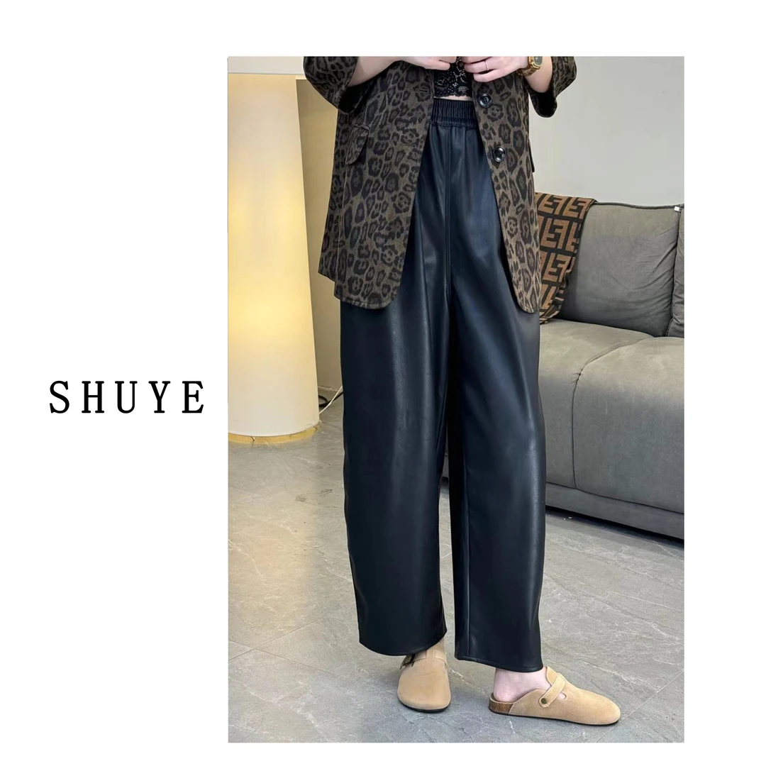 SHU YE   百搭    黑色九分皮裤
