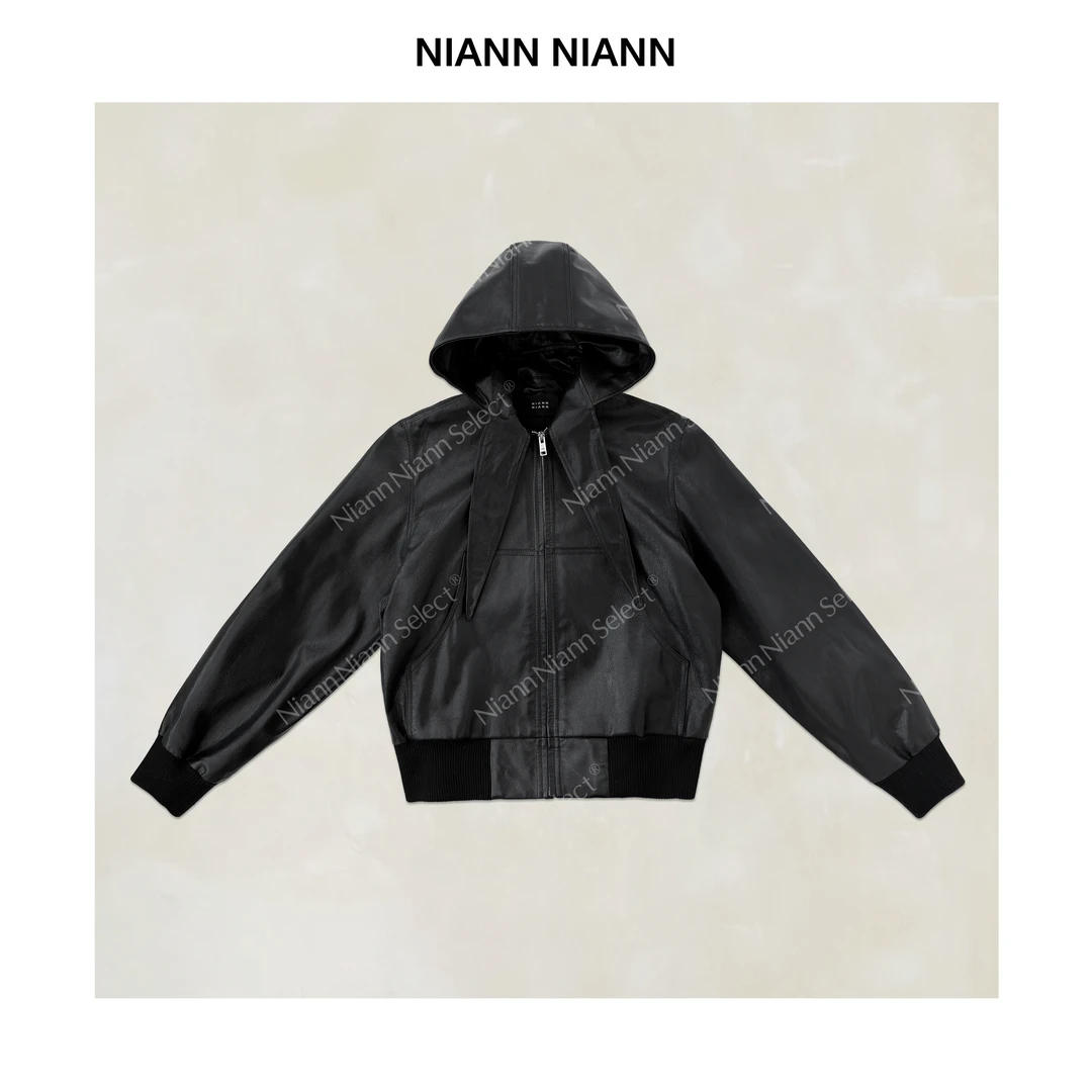 NiannNiann 新品法式复古油蜡缩纹山羊皮小耳朵皮衣16352