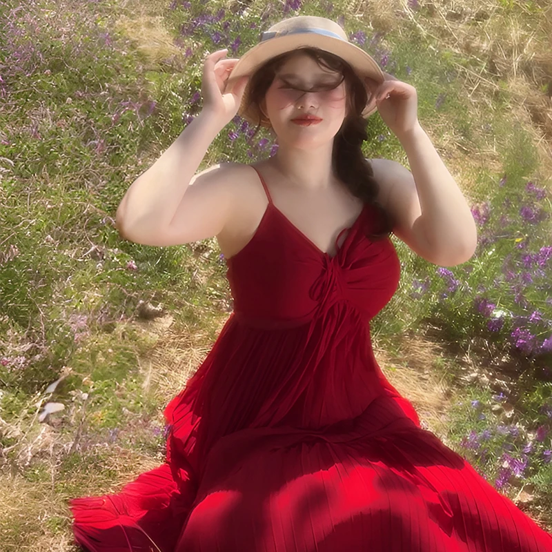 DMcc【花间柔光】海边度假风微胖大码小众仙女范假两件琴褶连衣裙