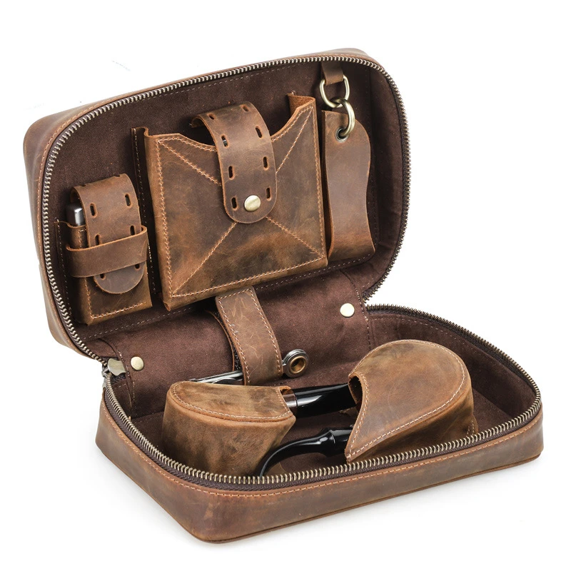 茄龙烟斗包复古疯牛皮雪茄烟具收纳盒多功能便携式烟斗包CP-25B1