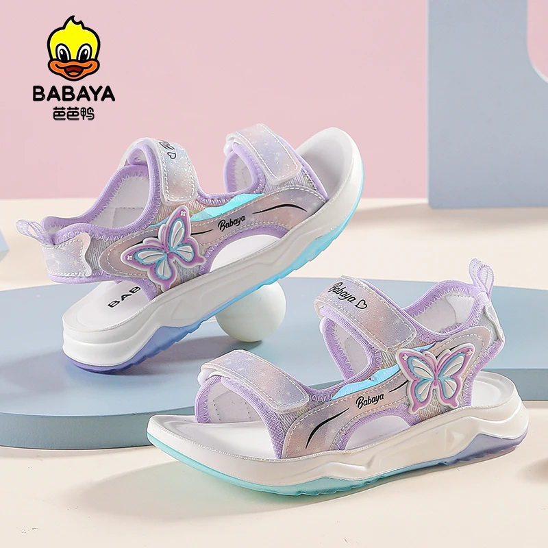 芭芭鸭女童运动凉鞋夏季2025新款甜美女孩儿童鞋子中大童沙滩鞋