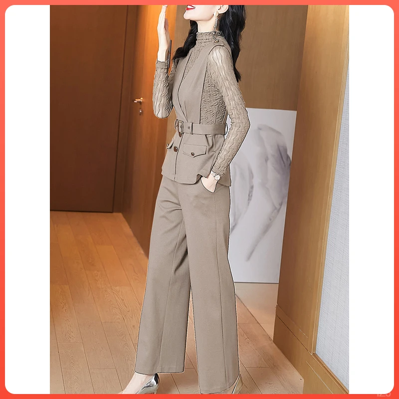 上档次立领奢美姿2025年秋季长袖内搭衣马甲西裤三件套装女
