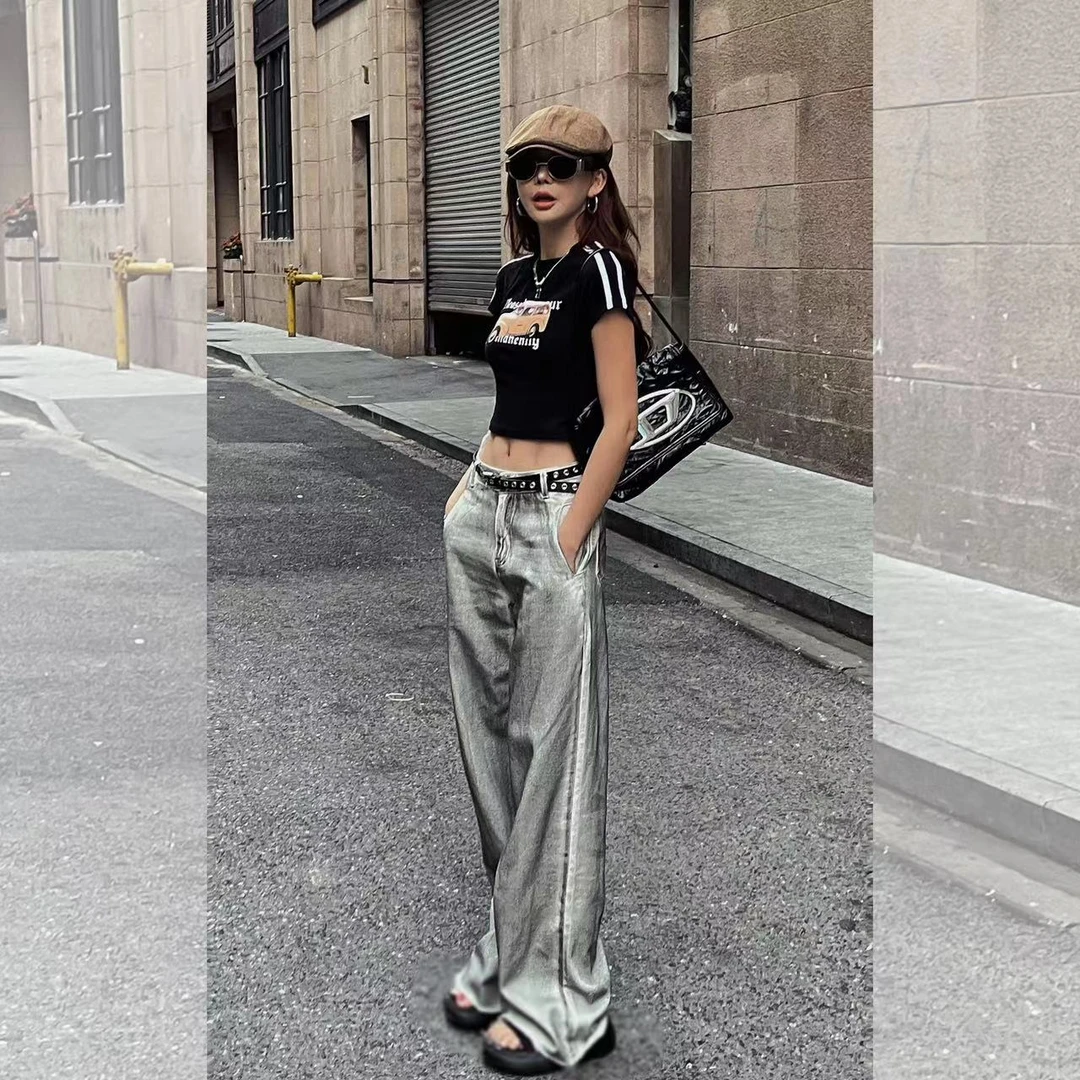小鱼【废土风裤子】银白阔腿美式高腰复古设计感宽松夏季牛仔裤
