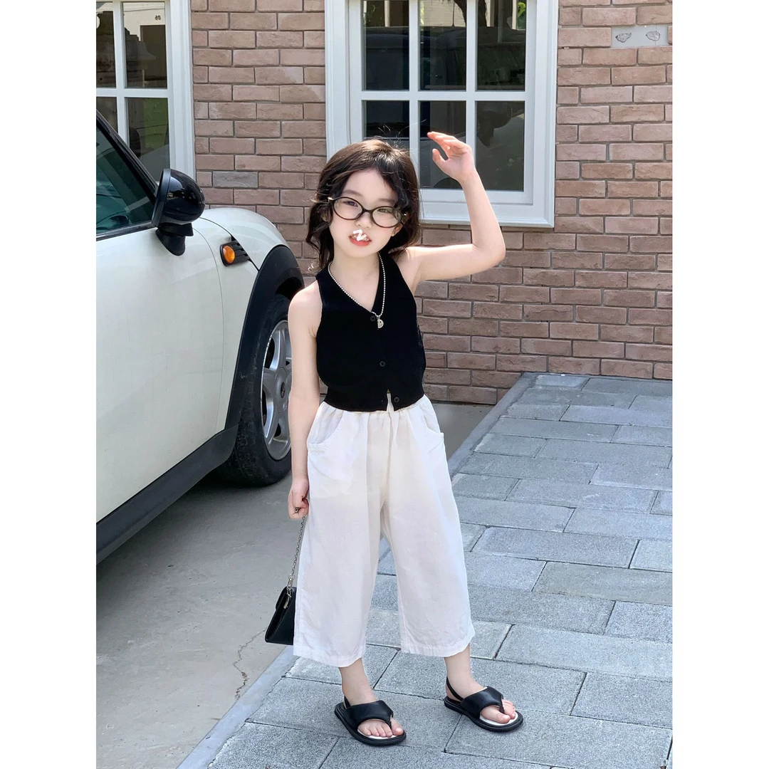 Bmy2025ss 夏季新款女童韩系纯色冰丝背心上衣百搭直筒裤套装
