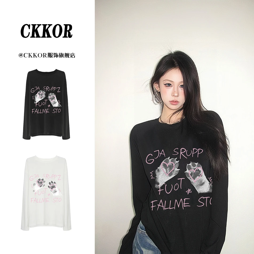 CKKOR早秋季新款休闲慵懒风印花长袖t恤女宽松韩系时尚穿搭上衣潮