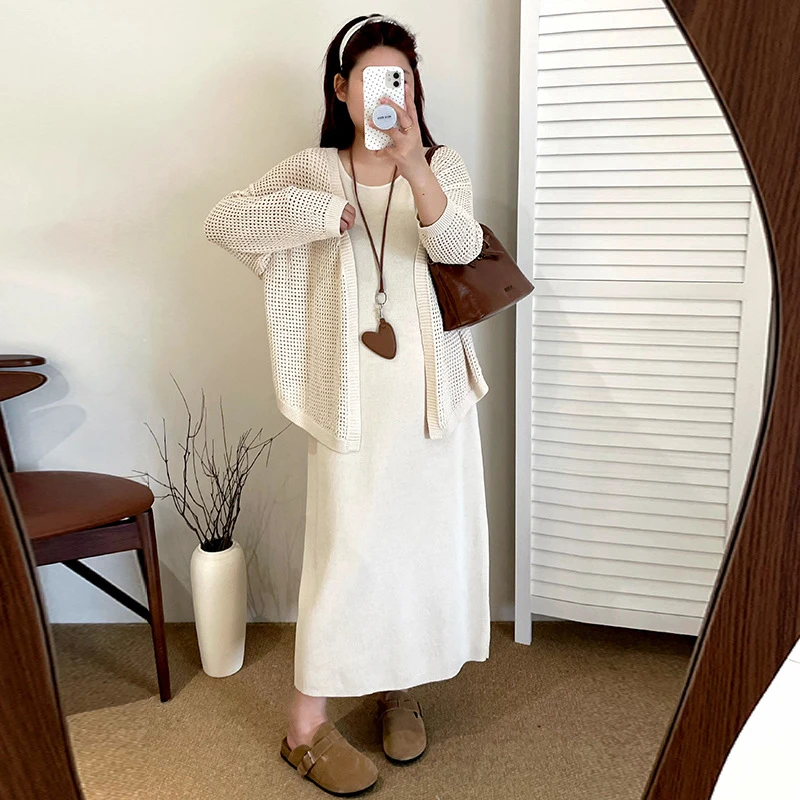 大码女装镂空外套女内搭背心裙套装2025秋款胖mm针织两件套23286