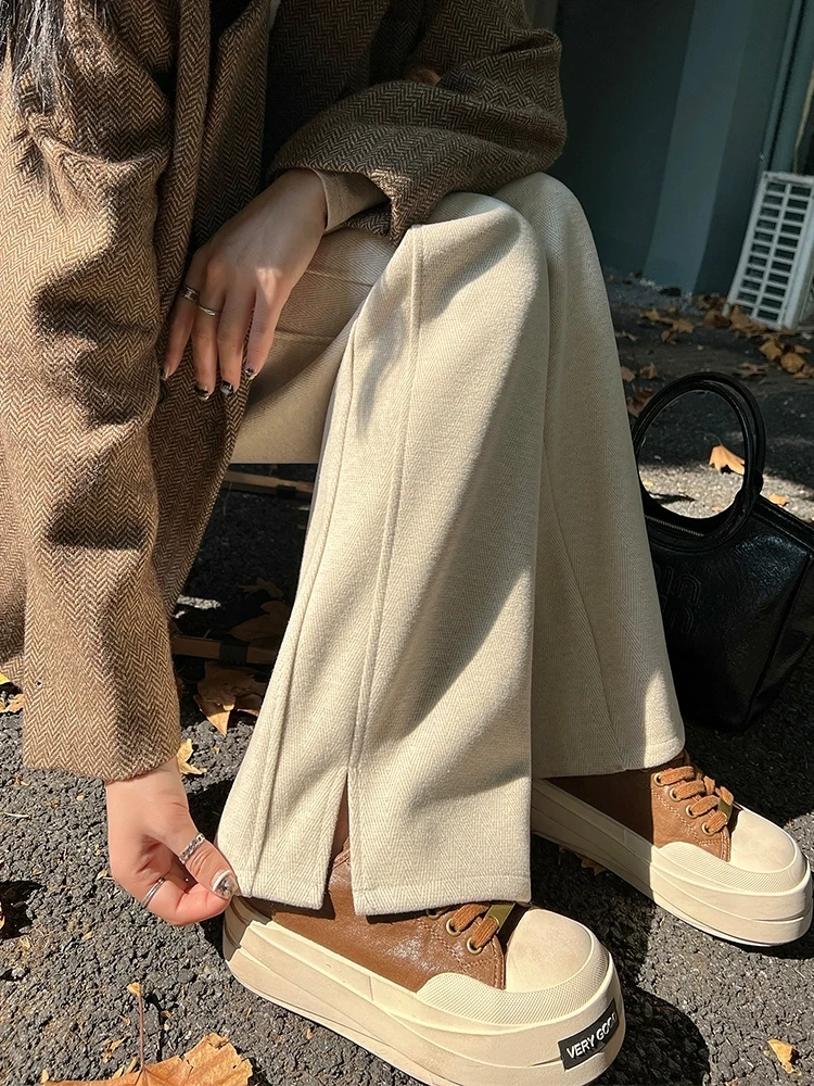 大码宽松高腰开叉宽松阔腿裤胖mm人字纹休闲直筒裤秋冬加绒香蕉裤