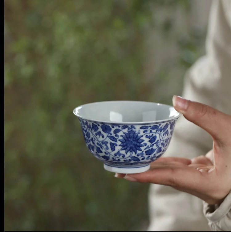 云兮草堂缠枝莲撇口杯景德针陶瓷全手工手绘花纹柴窑主人杯微瑕