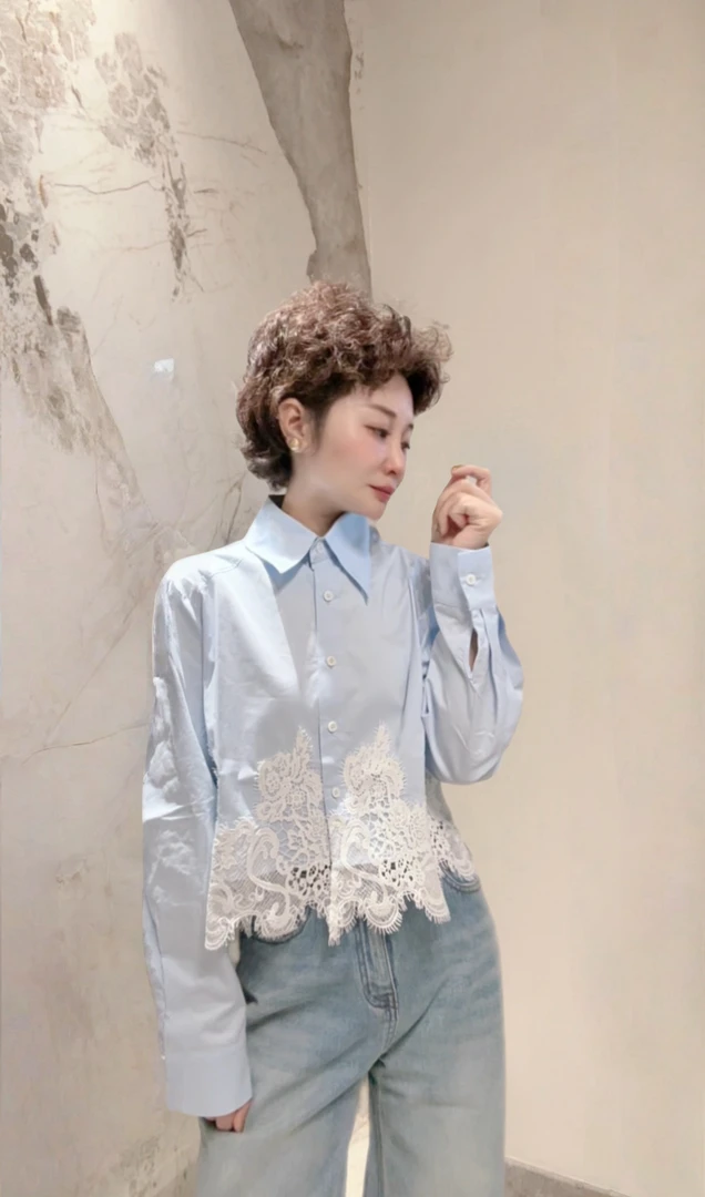 重工下摆拼接蕾丝挺括易搭理宽松女白色牛仔衬衫衬衣上衣
