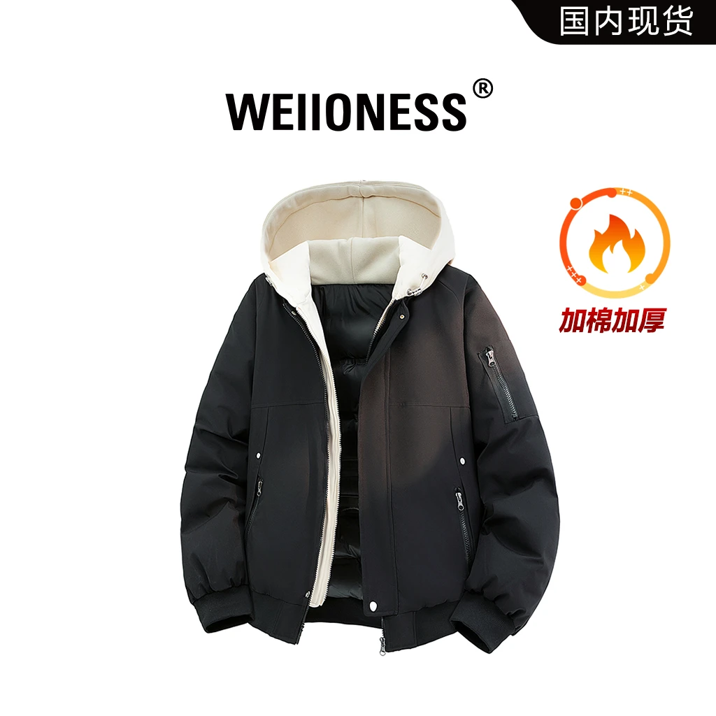 WEIIONESS美式休闲棉衣男款加厚保暖防风连帽棉服男生百搭情侣款