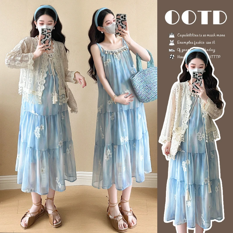 孕妇套装2025秋季新款时尚气质中长款绣花吊带裙镂空防晒衫两件套