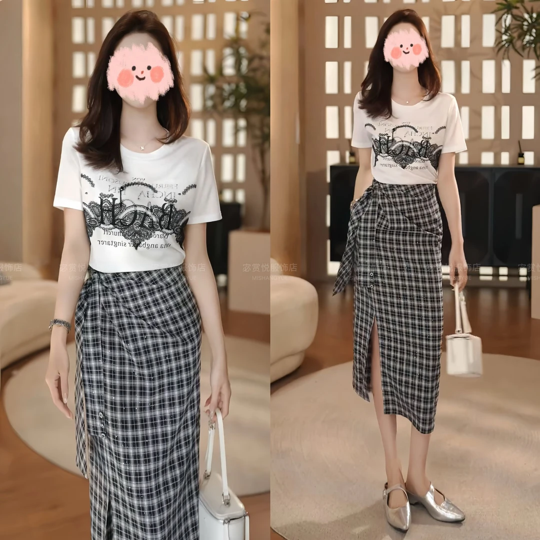 2025夏季新款减龄蕾丝拼接圆领短袖T恤显瘦百搭格子半身裙套装女