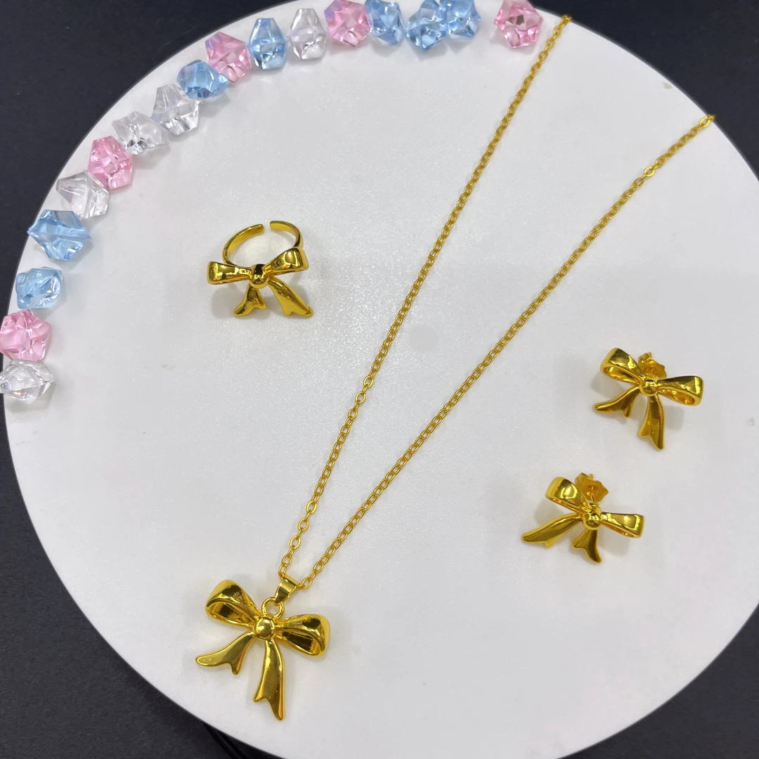 铜合金耳饰 铜合金吊坠 铜合金A38耳环项链戒指蝴蝶结款三件套