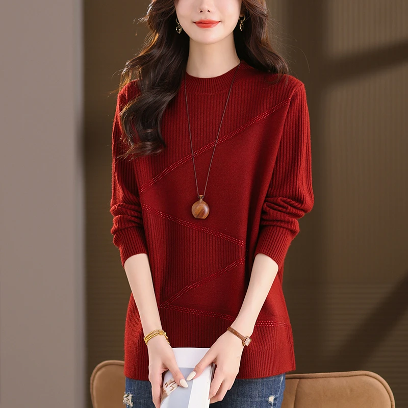红色毛衣女秋装大码洋气宽松针织衫显瘦百搭秋冬时尚中长款打底衫