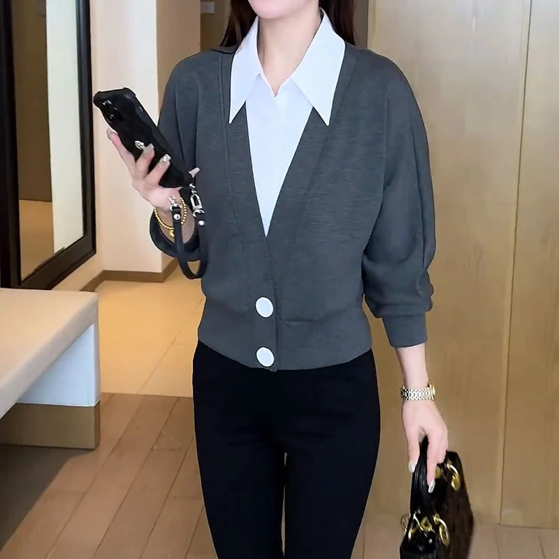 时尚气质假两件上衣女2025秋季新款百搭衬衣洋气减龄显瘦长袖上衣