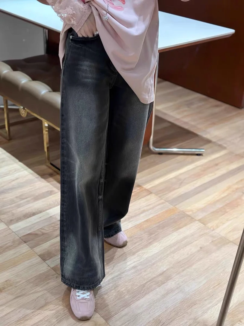 春季新款经典黑色水洗直筒牛仔裤