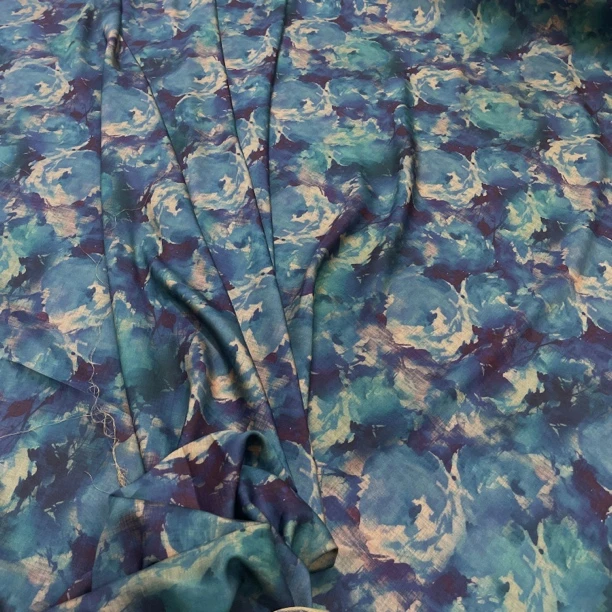 染底贡缎棉布料蓝绿圆花