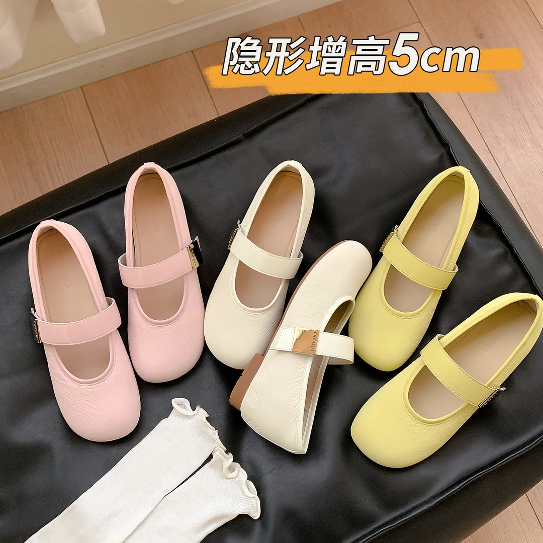 5cm内增高时尚玛丽珍鞋女2024年新款双条带魔术贴单鞋芭蕾舞鞋