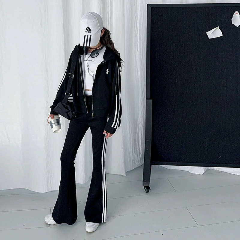 女童套装春季新款美式连帽开衫外套拉条修身喇叭裤2025潮中大童