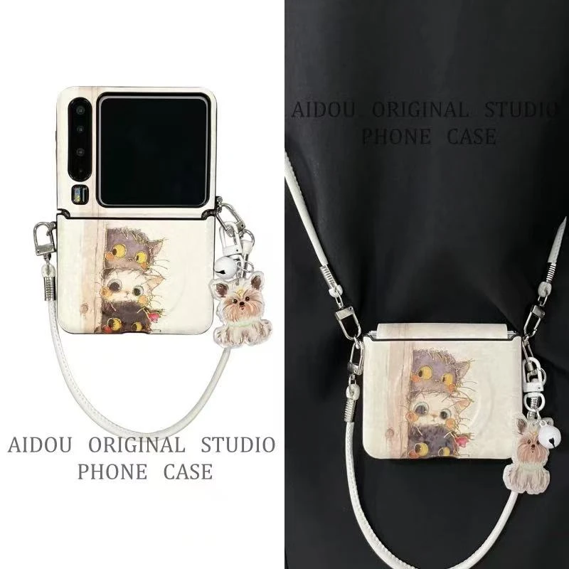 卡通烫金探头猫咪适用华为purax折叠手机壳磁吸壳pocket2女款斜挎