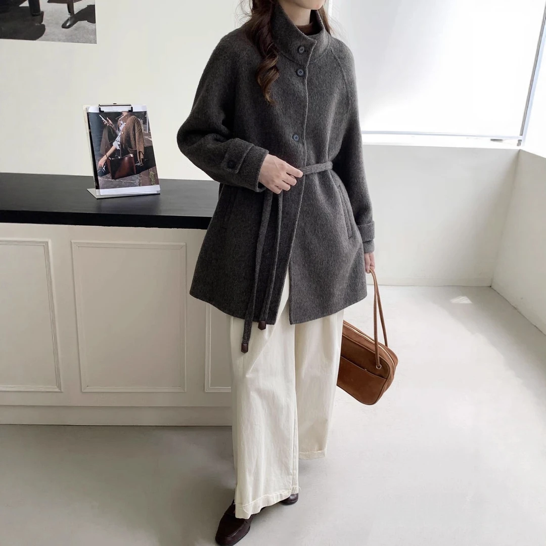 2025秋冬气质中长款双面毛毛呢外套女名媛立领小个子短款呢子大衣