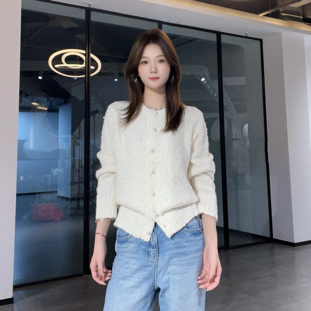 纹理感珍珠扣羊毛开衫圆领外套3070