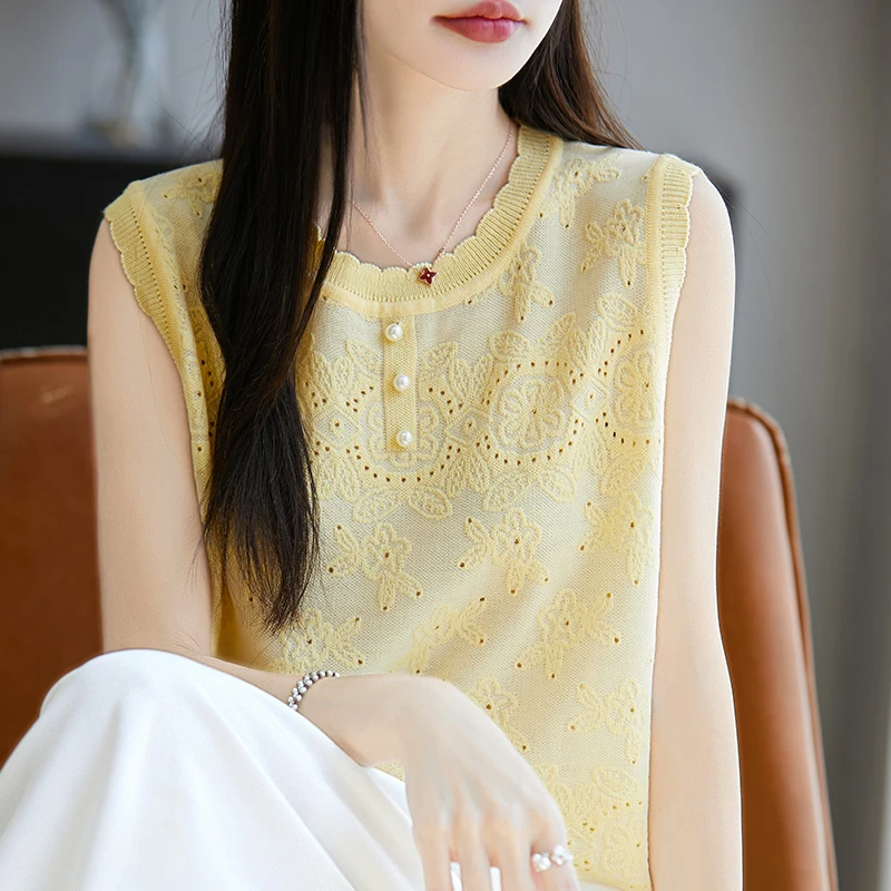 羊范夏季花边圆领精纺羊毛针织背心镂空花朵提花无袖内搭叠穿打底
