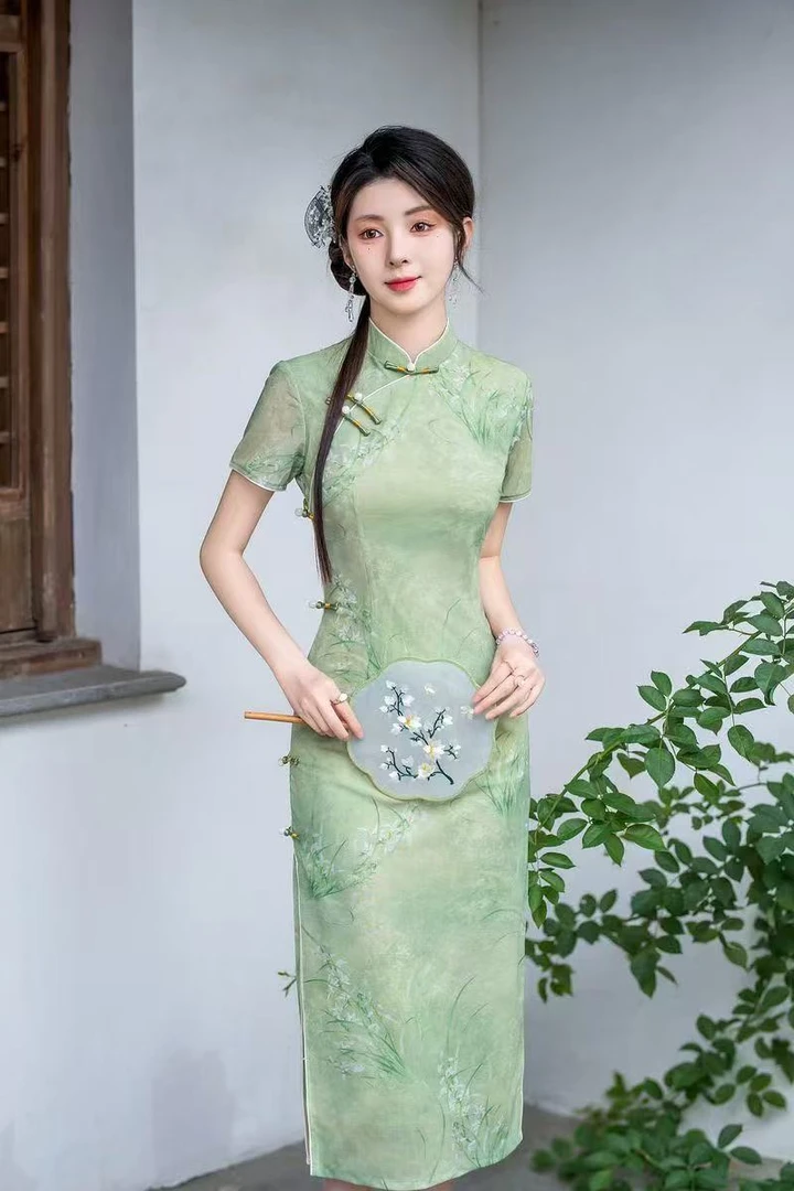 （锦）2025气质修身时尚简约新中式夏季长款短袖复古中国风旗袍