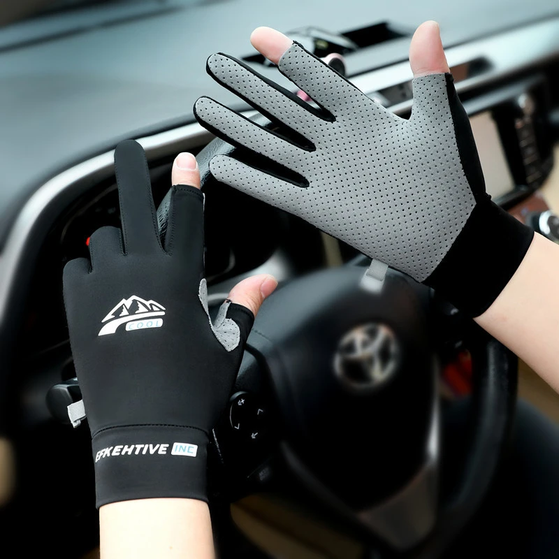 男士骑行手套春夏薄款防晒露指钓鱼外卖快递防滑露二指半指透气女