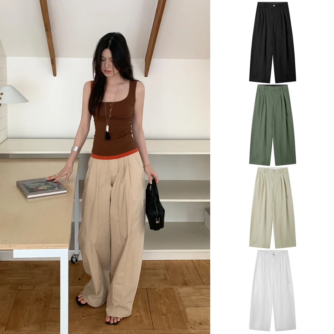 Miss sumeyY3879自制薄款显瘦直筒休闲工装裤阔版收裤脚镰刀裤子