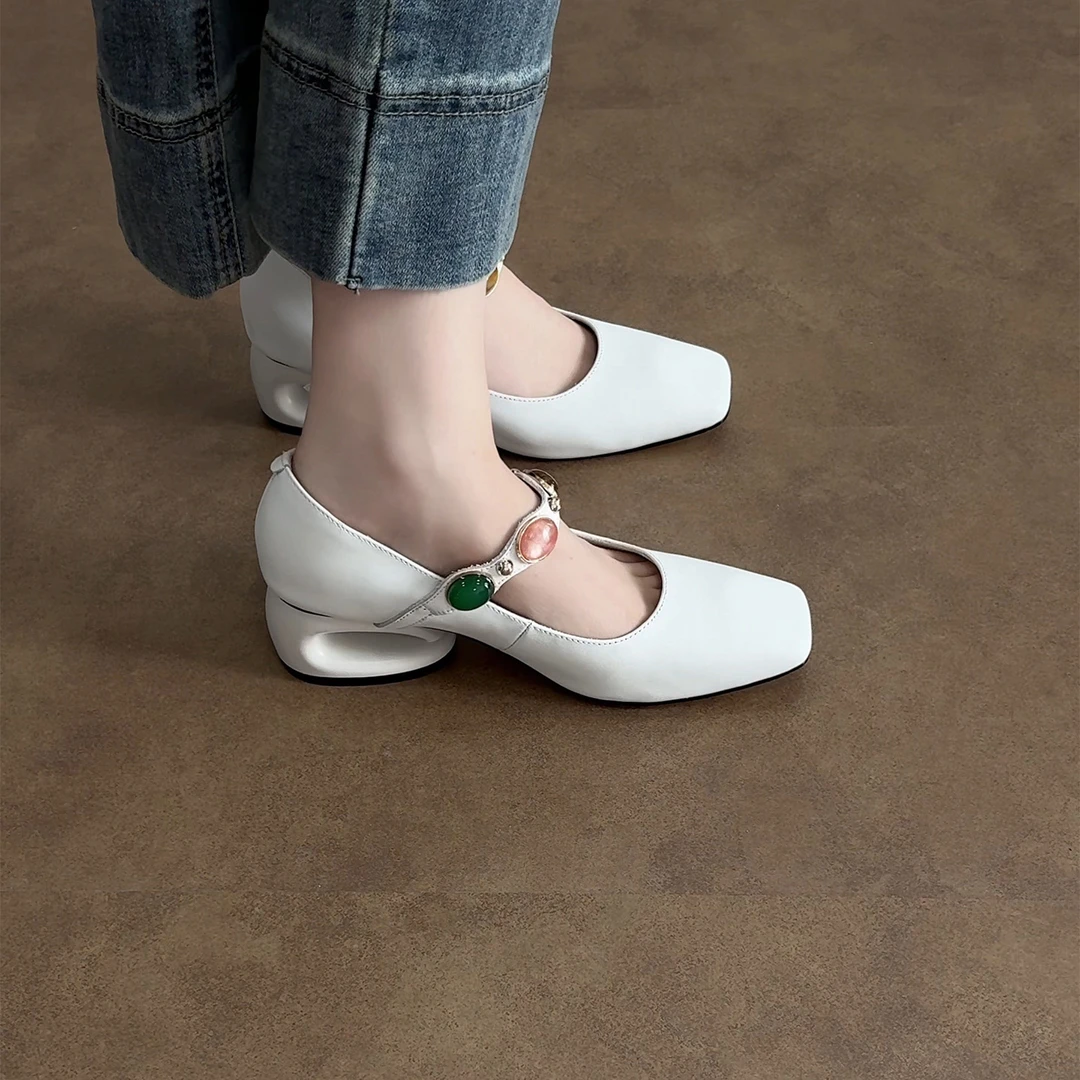 5cm/ED2281牛皮复古法式一字带玛丽珍鞋女夏季浅口粗跟温柔单鞋