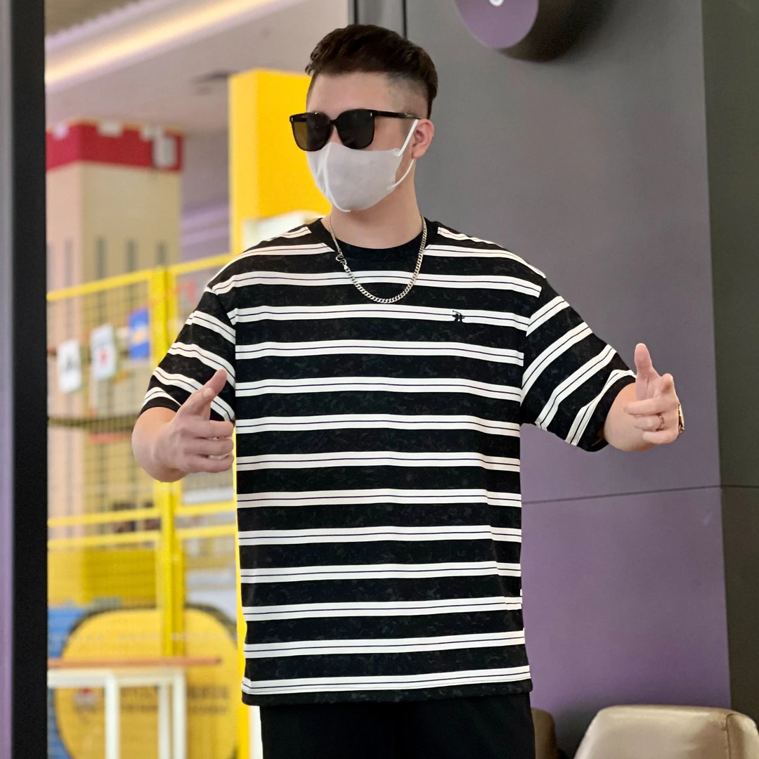 夏季薄款黑白条纹男士洗水棉t恤潮流刺绣宽松百搭休闲半袖t恤