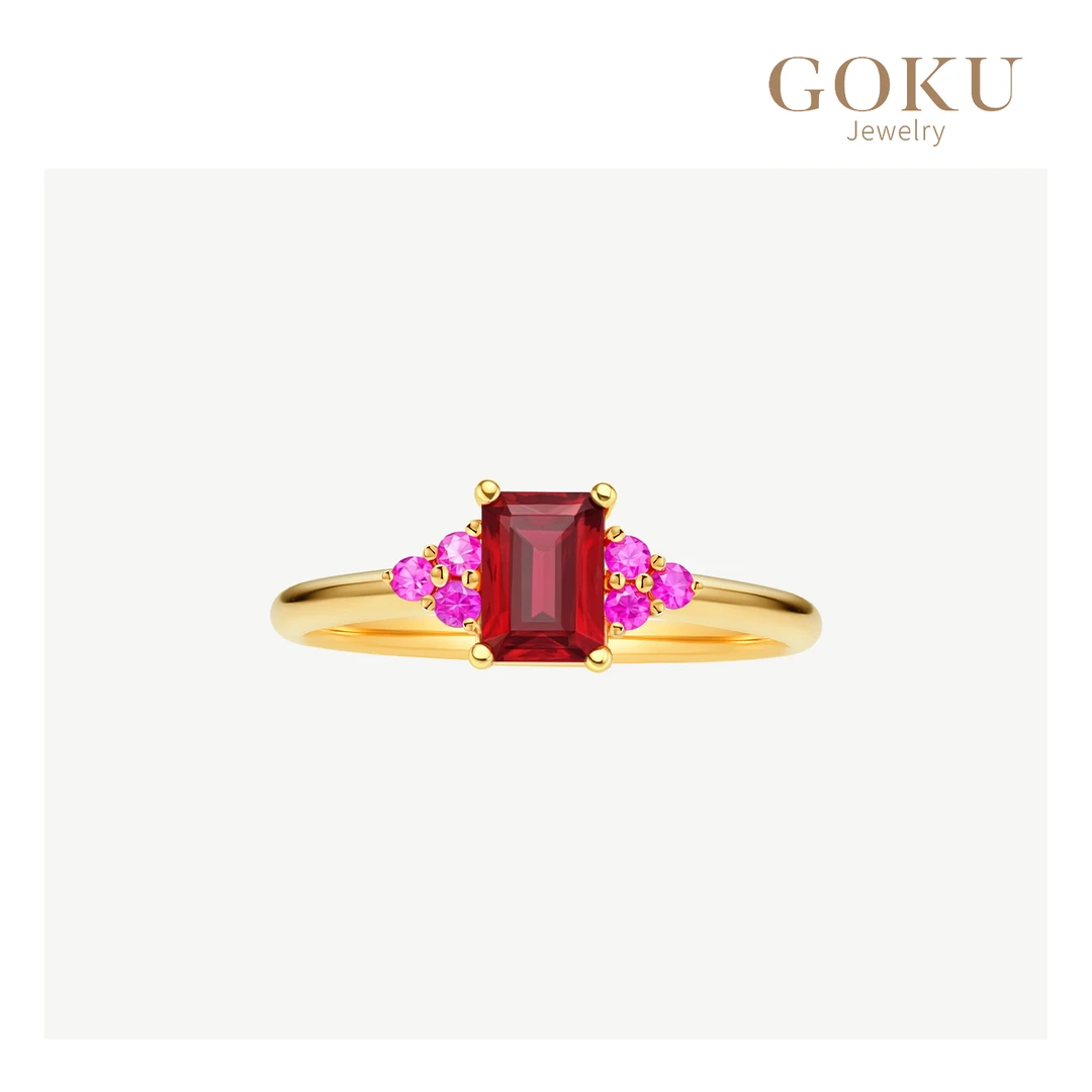 GOKU18K金戒指女简约版石榴石女戒方形红色宝石时尚彩色金戒指