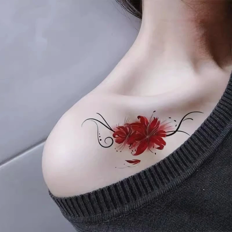 高级感水墨彼岸花红色彩色纹身贴防水持久女手臂锁骨彩绘遮疤贴纸
