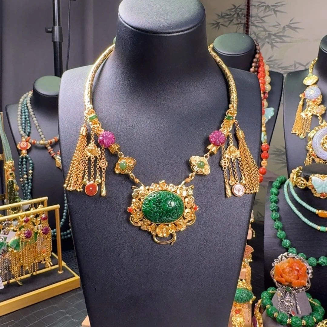 翡翠银S925镀金镶嵌颈饰重工弯管项圈