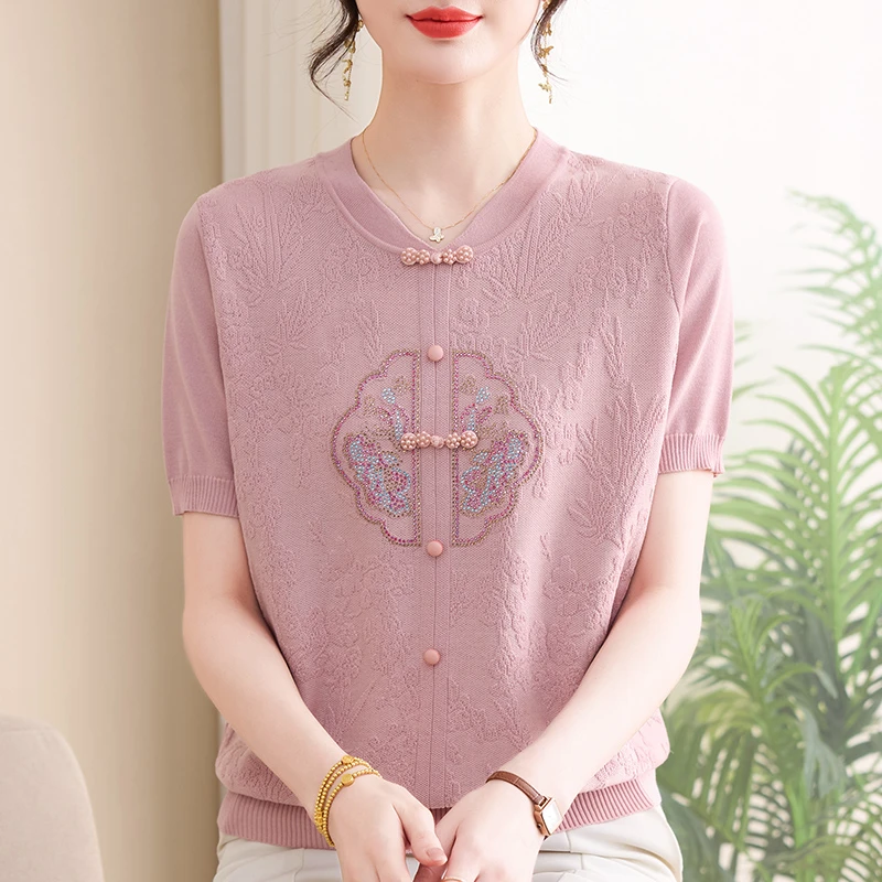 妈妈夏季国风款气质短袖中老年中式薄款洋气时尚绣花打底衫