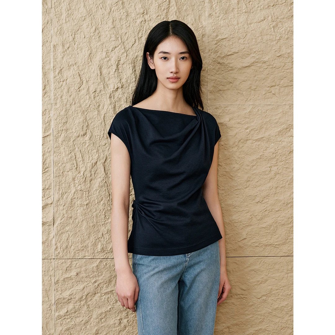 INSUN恩裳2025夏季新款褶皱T恤9C35260020