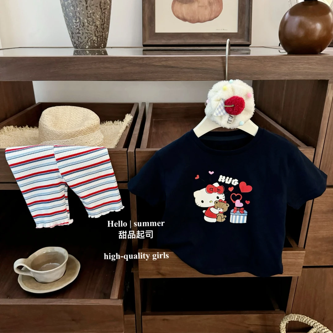 【甜品起司】韩国童装女童洋气可爱kt猫印花纯棉短袖上衣彩虹骑行裤