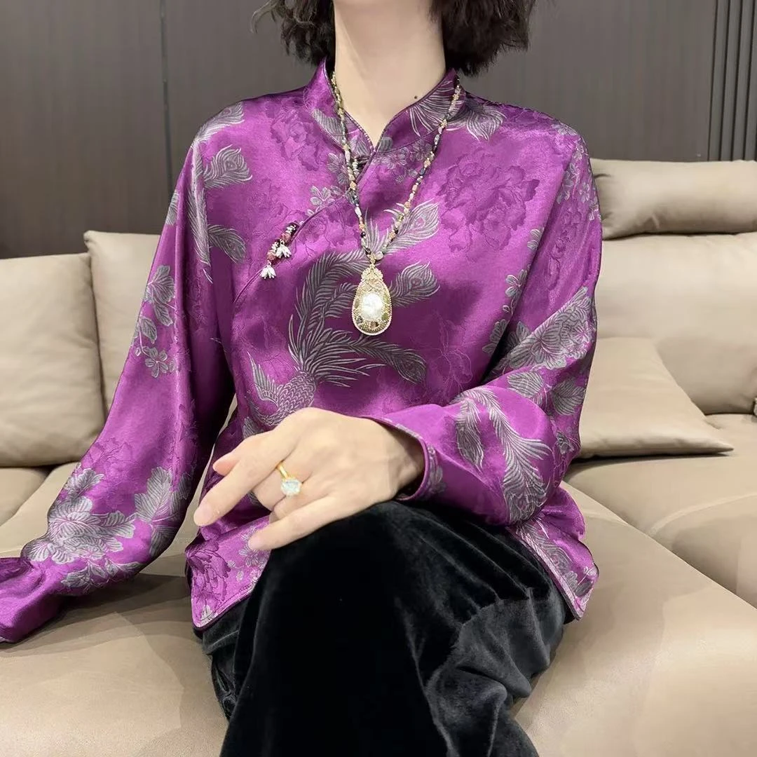 新中式复古时尚凤凰于飞提花雕刻长袖上衣