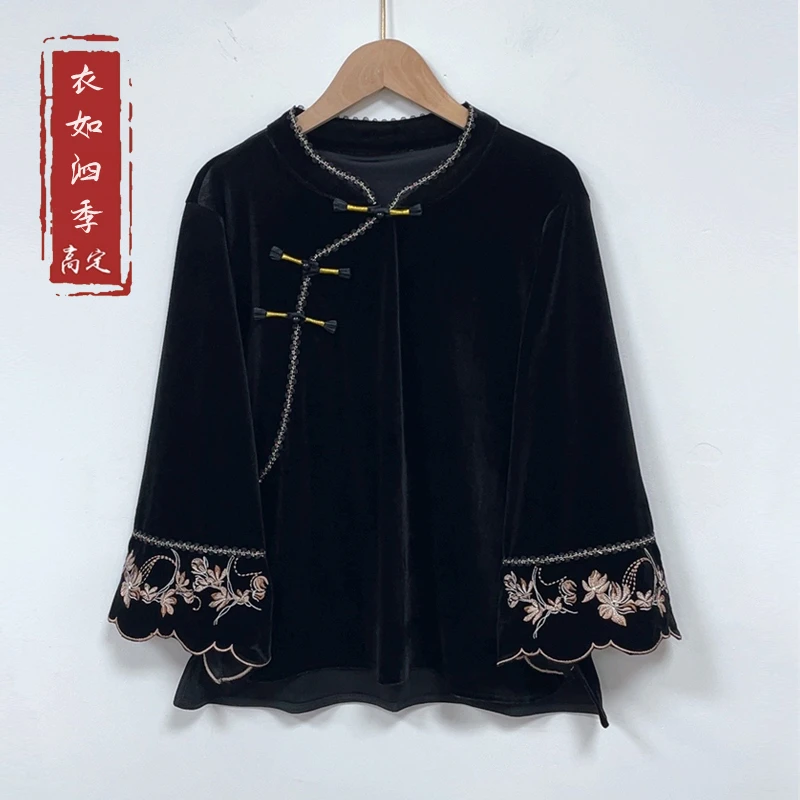 【风荷2】1672秋季新款中式国风金丝绒百搭休闲宽松立领九分袖小衫
