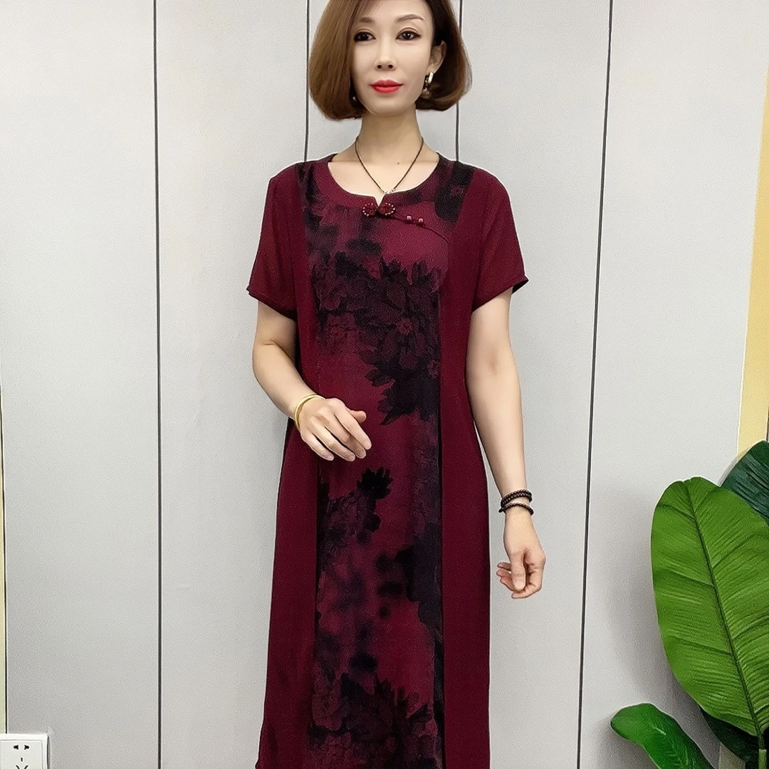 H459～夏季妈妈款盘扣假两件连衣裙